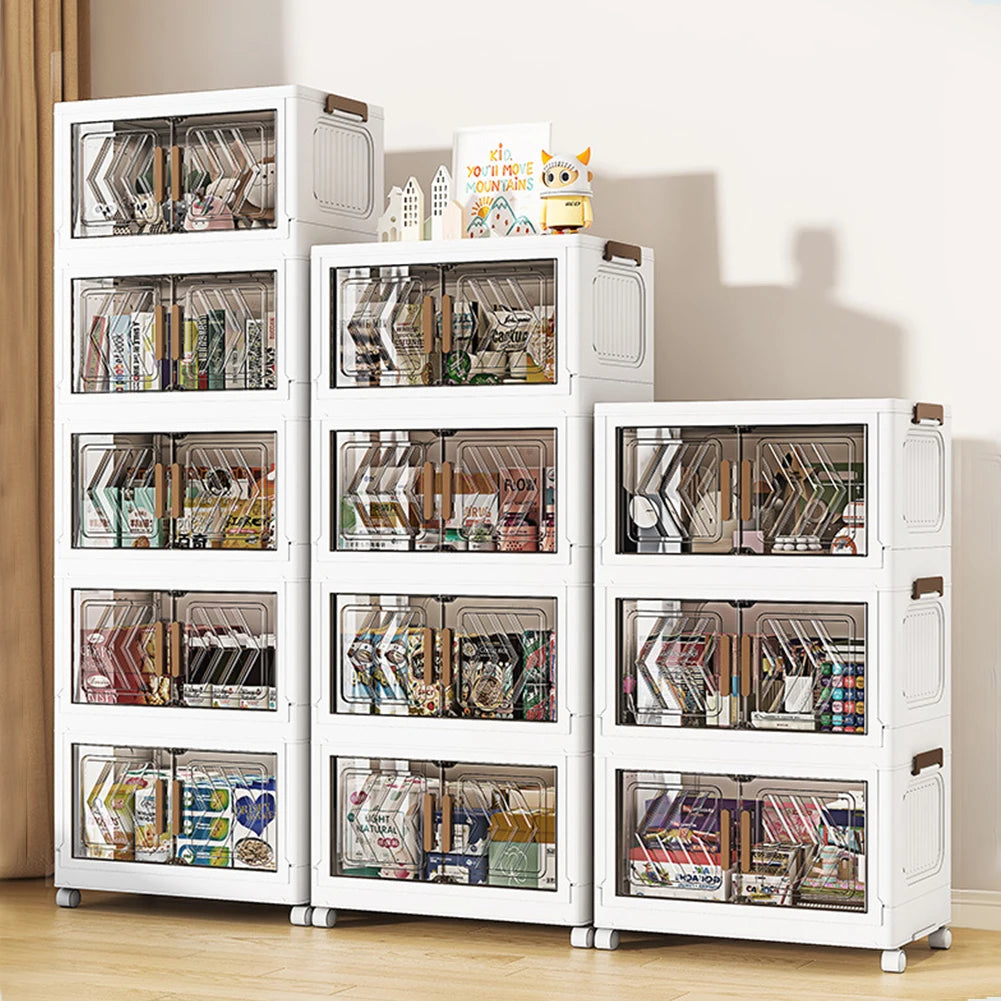 4 Tier Stackable Storage Bins with Lids with Doors & Wheels Foldable Organization Storage Drawer for Living Room Bedroom Office