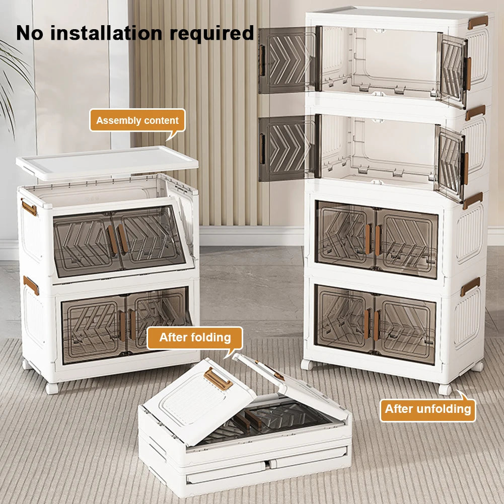 4 Tier Stackable Storage Bins with Lids with Doors & Wheels Foldable Organization Storage Drawer for Living Room Bedroom Office