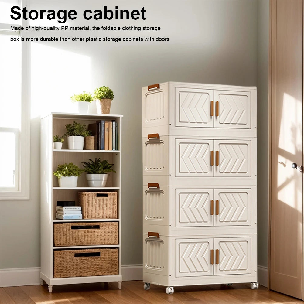 4 Tier Stackable Storage Bins with Lids with Doors & Wheels Foldable Organization Storage Drawer for Living Room Bedroom Office