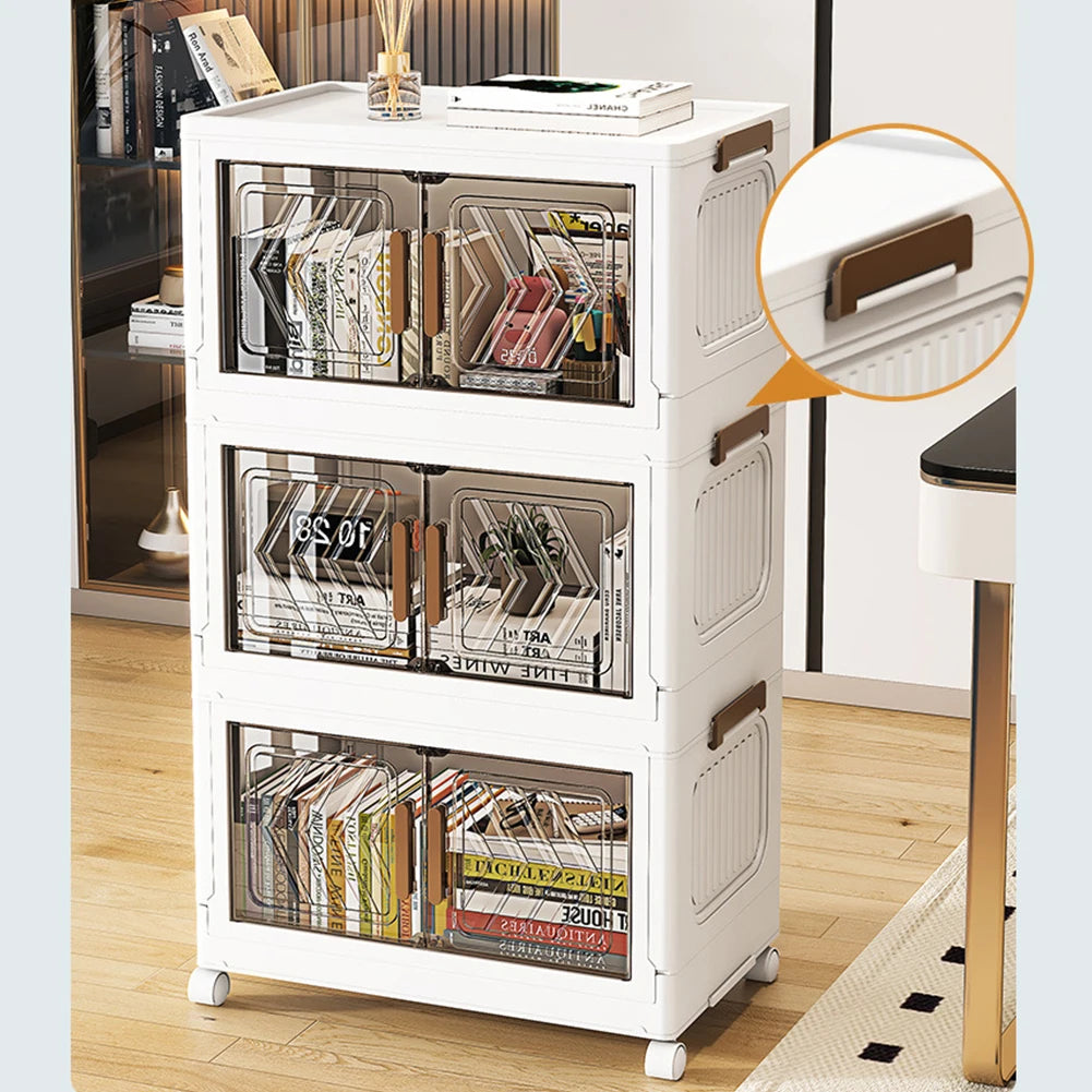 4 Tier Stackable Storage Bins with Lids with Doors & Wheels Foldable Organization Storage Drawer for Living Room Bedroom Office