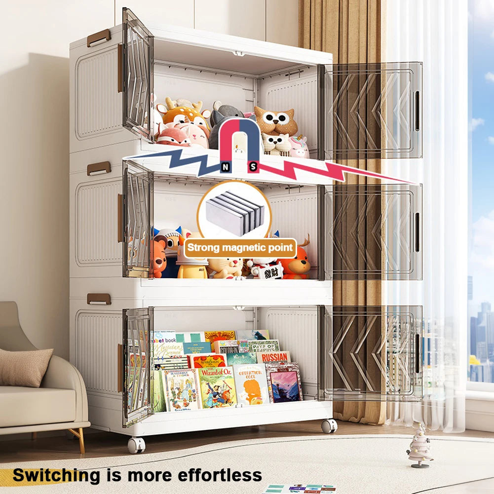 4 Tier Stackable Storage Bins with Lids with Doors & Wheels Foldable Organization Storage Drawer for Living Room Bedroom Office