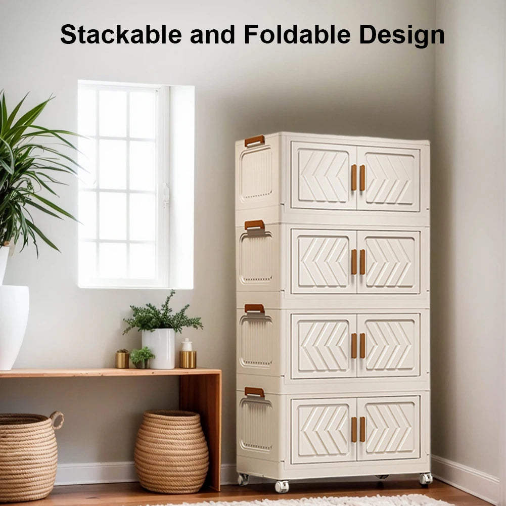 4 Tier Stackable Storage Bins with Lids with Doors & Wheels Foldable Organization Storage Drawer for Living Room Bedroom Office