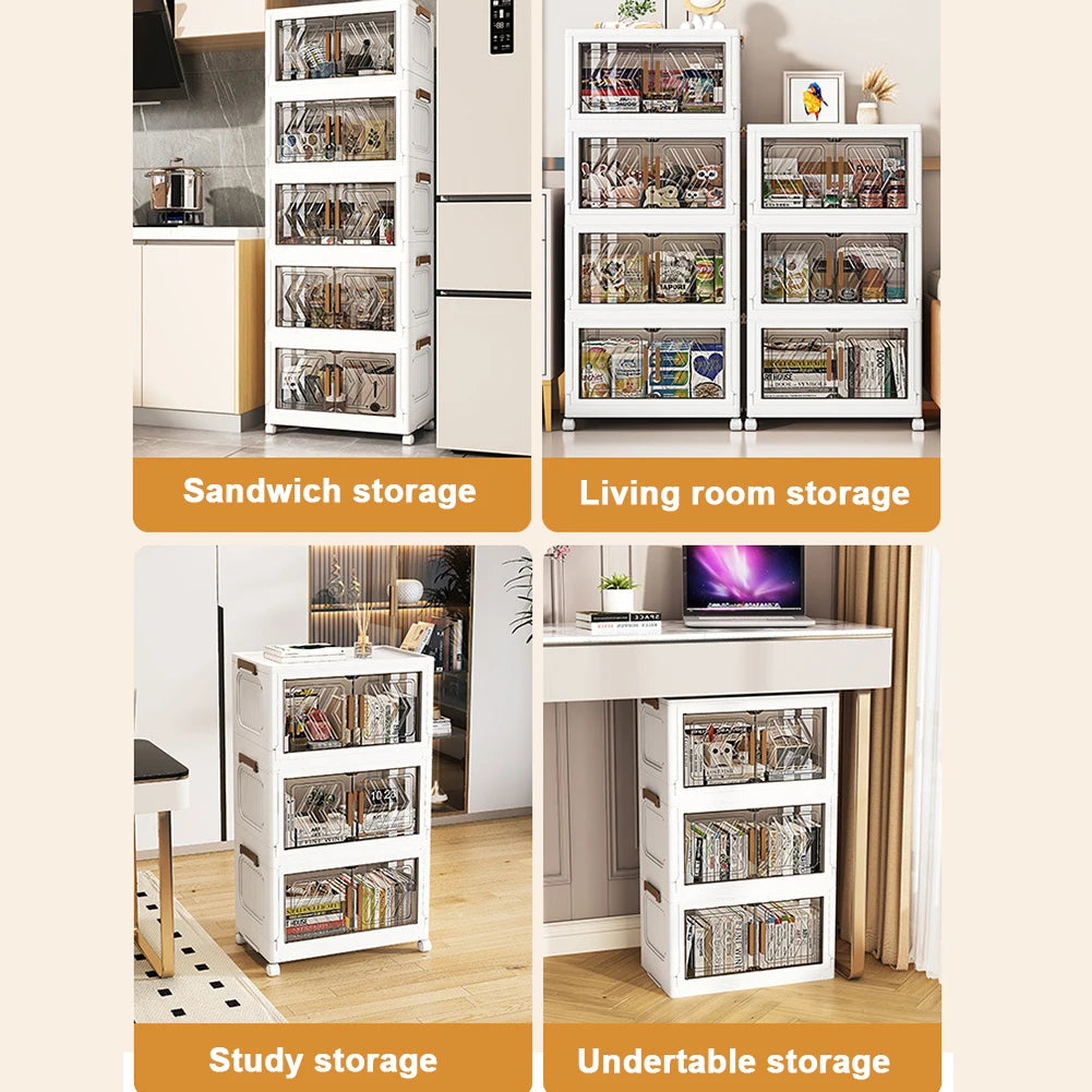 4 Tier Stackable Storage Bins with Lids with Doors & Wheels Foldable Organization Storage Drawer for Living Room Bedroom Office
